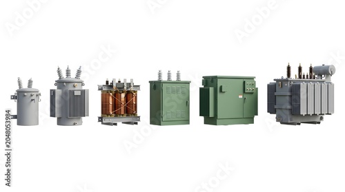 Electrical Power Transformers: A collection of various electrical power transformers, including pole-mounted and pad-mounted units.
