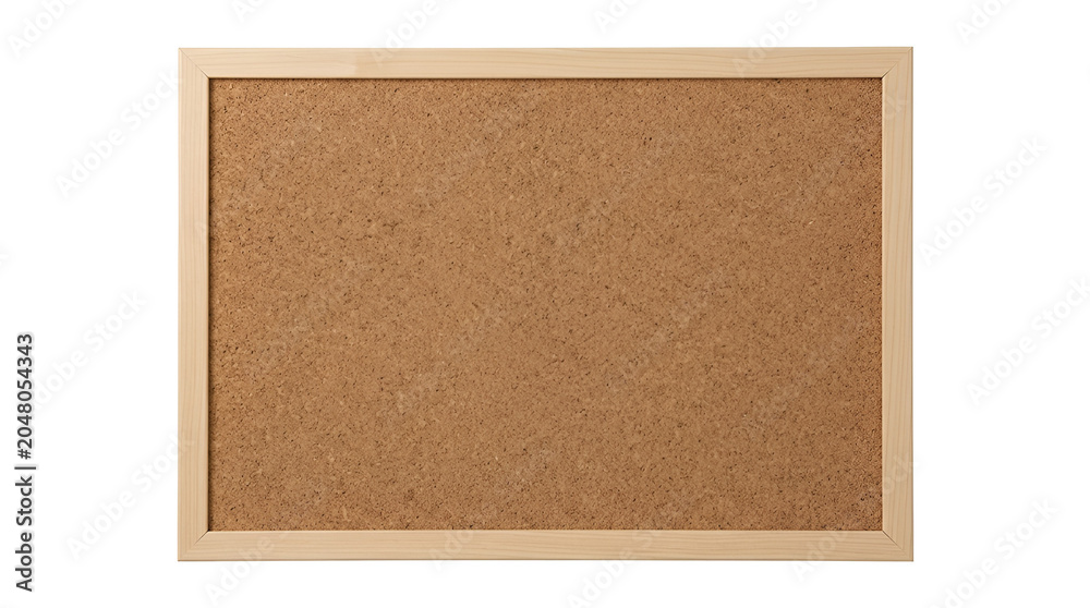 Fototapeta premium A rectangular cork bulletin board with a light wooden frame, isolated on a transparent background, empty surface for pinning notes or