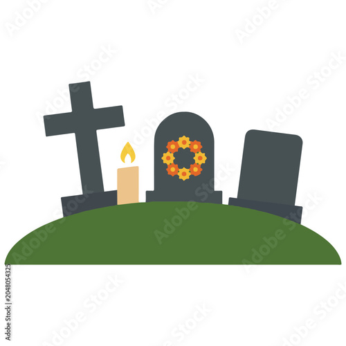 Bilde på lerret Graveyard scene with tombstones crosses a candle grave marker graveyard cemetery