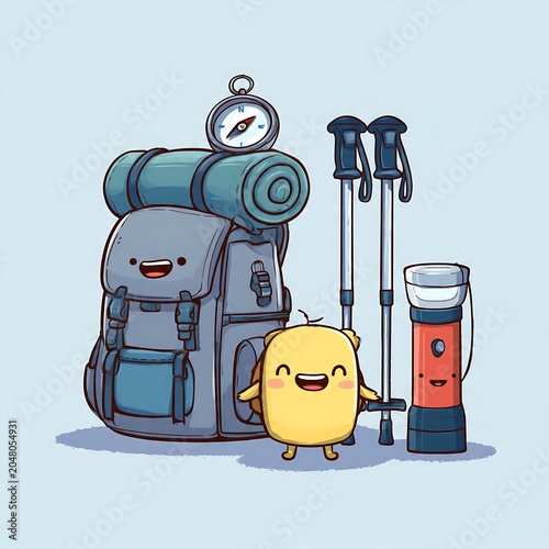 Cute cartoon robot with luggage and travel accessories vector illustration.