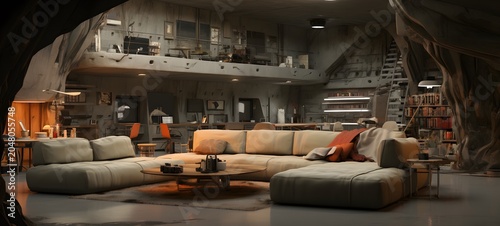 The large living room of the underground cave shelter. Generative AI