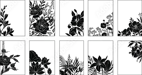 Floral Card Template SVG Bundle | Botanical Wedding Invitation Borders. Elegant Flower Frame Clipart | Romantic Silhouette Greeting Card Set