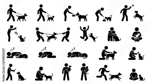 Stick figure man pictograms interacting with dog and cat pets through activities like walking, feeding, playing and grooming, illustrating pet care and representing human animal bonding