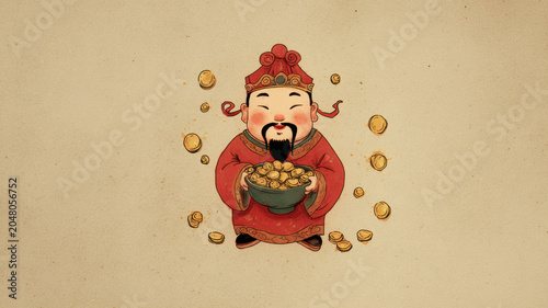 Chinese traditional lunar new year Spring Festival celebration in Asia. A vibrant, animated depiction of a Chinese god, likely a fortune teller, wearing a red robe and holding a bowl of gold coins.