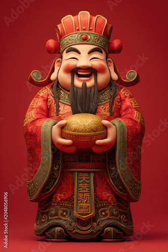 Chinese traditional lunar new year Spring Festival celebration in Asia. A vibrant red and gold Chinese god of wealth, depicted in a traditional red robe.