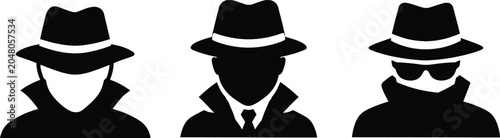 Spy Silhouette Vector Icon Set: Secret Agent and Detective Graphics. Anonymous Character Vector Icons: Mysterious Man in Hat and Trench Coat Graphics