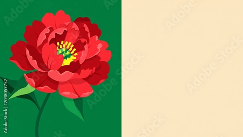 Beautiful bright red peony flower bloom against solid dark green background graphic template, floral nature concept copy space