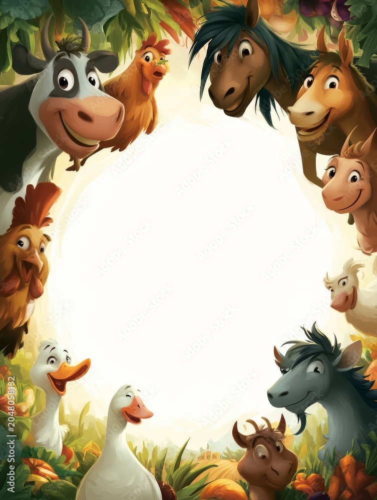 Obraz premium Cartoon Farm Animals Gathered in a Circle