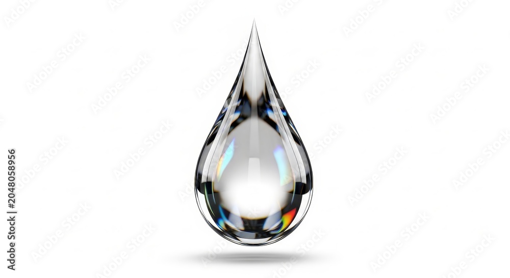Fototapeta premium Water - Crystal Clear Glass Water Drop Floating in Mid Air with Rainbow Light Refraction on White Background