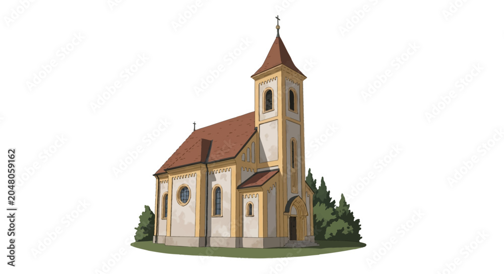 Naklejka premium Vector illustration of a traditional European church building featuring a tall bell tower, red tiled roof, arched windows, and crosses, isolated on a white background with green trees.