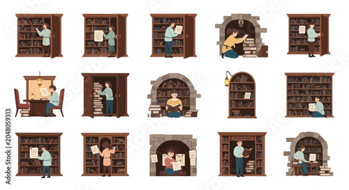Library Scenes: People Reading and Shelving Books in Various Vintage Styles