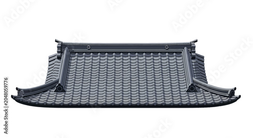Traditional East Asian architecture roof illustration featuring dark grey clay tiles and curved eaves, isolated on a white background. Detailed representation of a temple or palace roof.