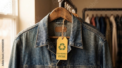 Vintage denim jacket on a hanger with an eco-friendly recycling tag