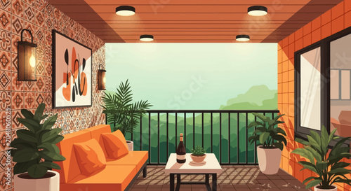 Vector illustration of a contemporary balcony terrace with an orange sofa, patterned tile wall, abstract art, potted plants, and a scenic view of green hills at dusk.