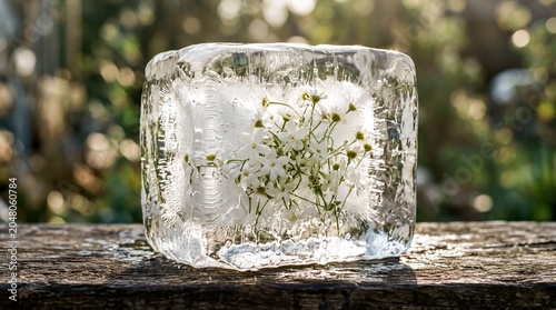 natures transience, white flowers encased in a melting ice block, illuminated by sunlight