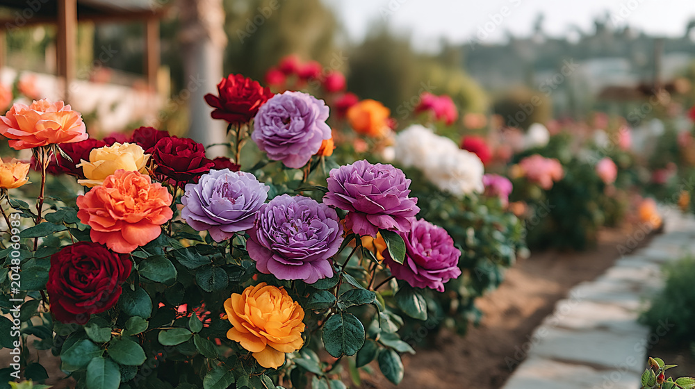 Obraz premium Rose garden path with multicolored blooms in summer blooming colorful landscape botanical blossoms