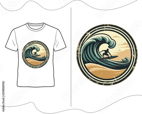 Ocean Wave Badge Logo for Surf T Shirt Design and Coastal Branding