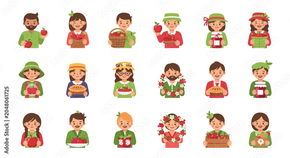 Fototapeta premium Flat Style Vector Icons of People with Apples and Pies for Food or Harvest Theme