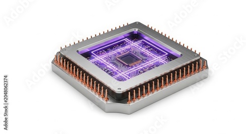 Technology - Quantum Computing Processor Chip with Glowing Purple Circuit Board and Copper Pin Connectors