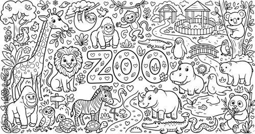 zoo animals cartoon outline hand drawn Line Art illustration doodle art coloring page for kids