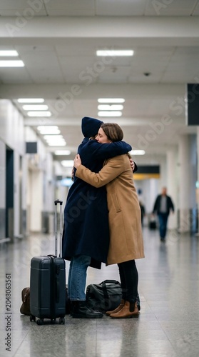 Two women hugging in an airport terminal with luggage