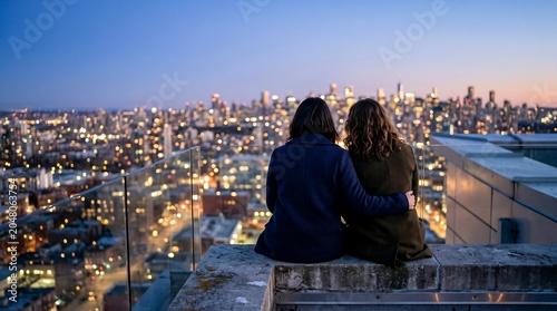 Rear view of two women sitting on rooftop at night