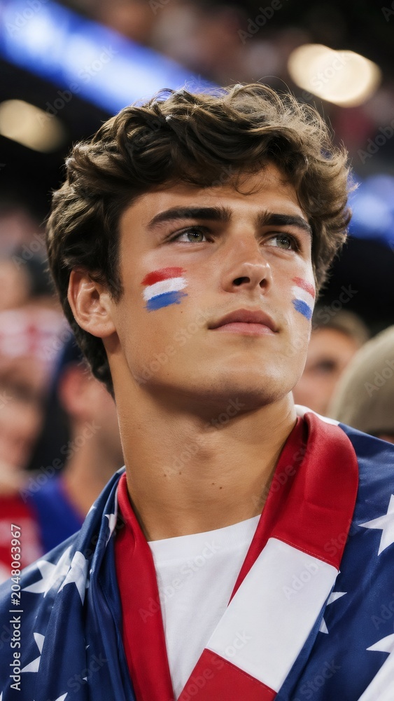 Fototapeta premium Young american soccer fan watching game, showing patriotism and support for team