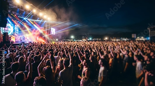 Silhouetted crowd enjoying music concert with stage lights at night