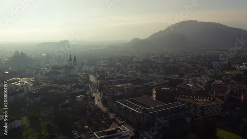Aerial View of Götzis Town Center with Garnmarkt and Kummenberg at Sunrise