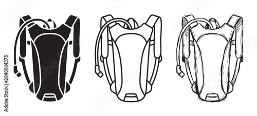 Hydration Backpack Vector Icons: Black Silhouette, Outline, and Line Art Styles for Outdoor Sports and Activities
