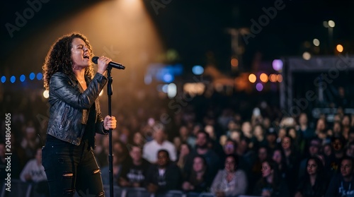 Woman singing into a microphone on stage at a concert for a crowd