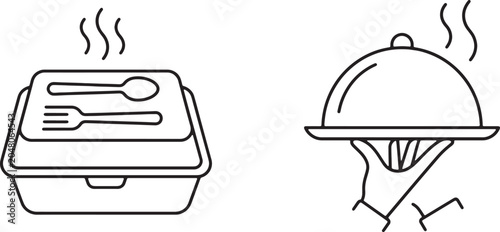 Foto Art & Illustration, Takeaway meal container with cutlery and restaurant cloche p
