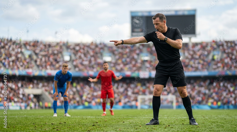 Naklejka premium Soccer Referee Awarding Penalty During Football Match