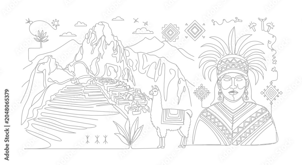 Obraz premium Machu Picchu Inca Line Art with Llama and Native Person