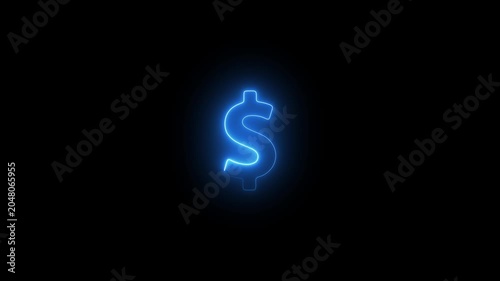 Glowing blue neon dollar sign symbol pulsing on black background, for financial and, business concepts