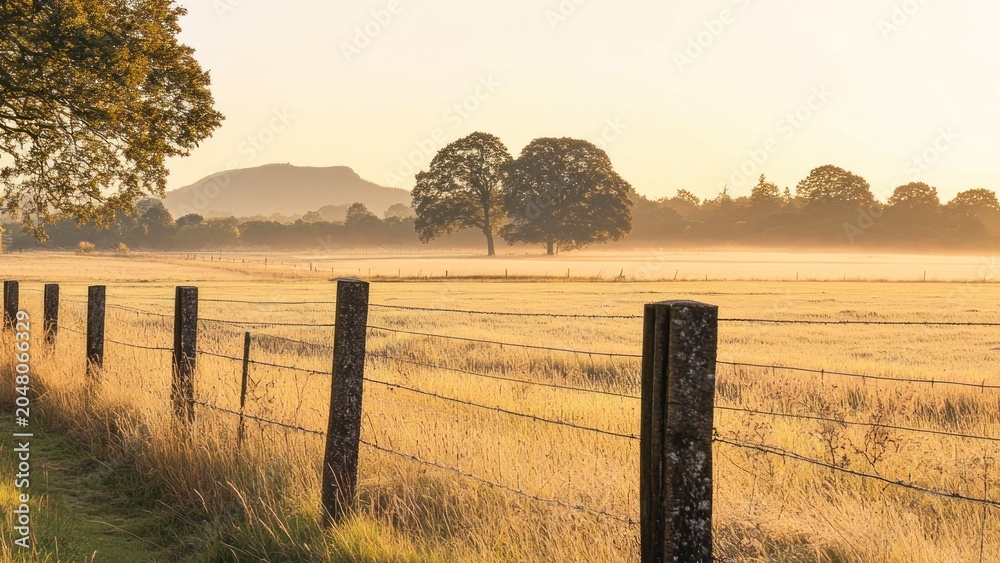 Obraz premium Sunrise over a golden field with a rustic fence.
