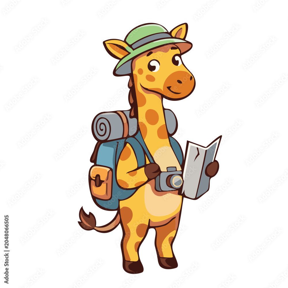Obraz premium Cute giraffe character with backpack and hat holding a map, tourist and traveler concept vector illustration