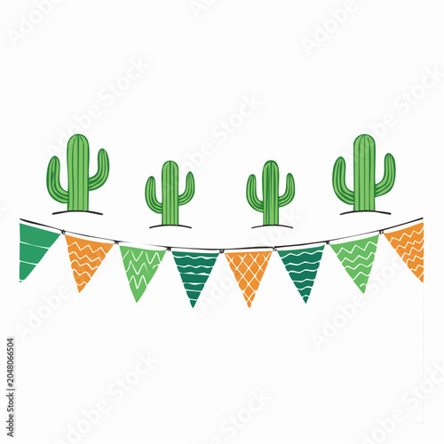 Cartoon Cacti and Festive Bunting Flags