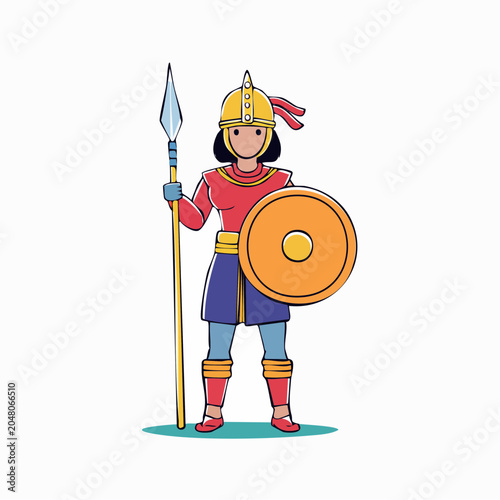 Cartoon Warrior Woman with Spear and Shield