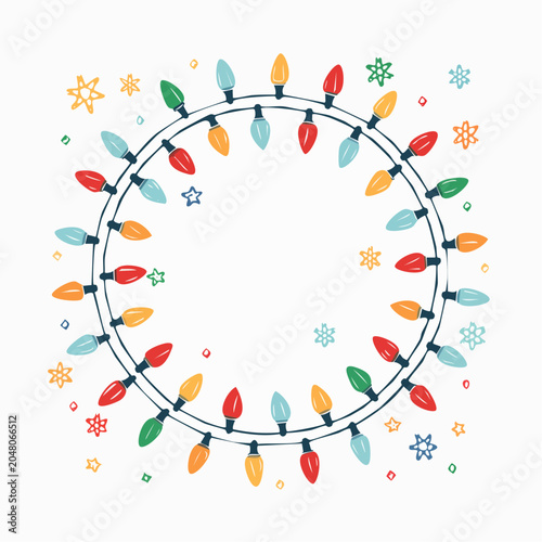 Circle of Colorful Christmas Lights with Snowflakes