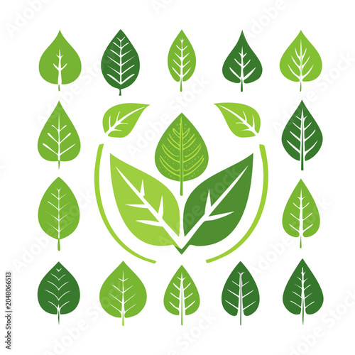 Collection of green leaf icons in flat design style