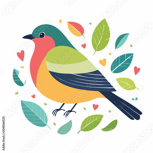 Colorful Bird Illustration with Leaves and Hearts