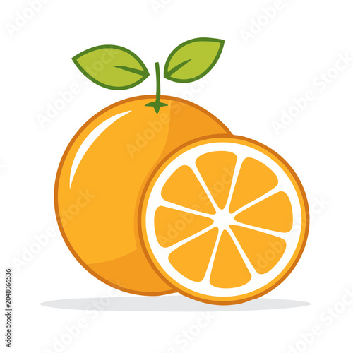 Flat design illustration of a whole orange and a slice