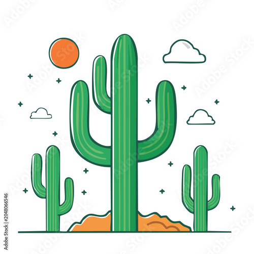 Flat design illustration of Saguaro cactus in desert landscape