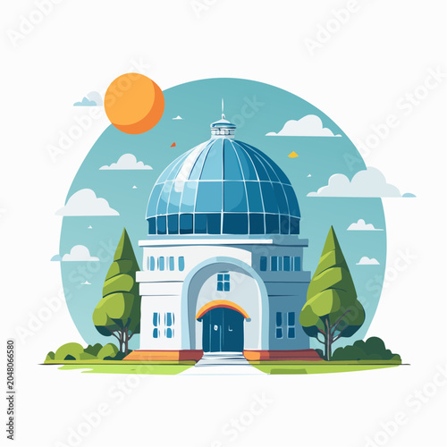 Modern Building with Blue Glass Dome and Trees