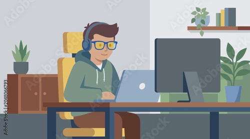 Bild auf Leinwand Blue Light Blocking Glasses Worn by Remote Worker