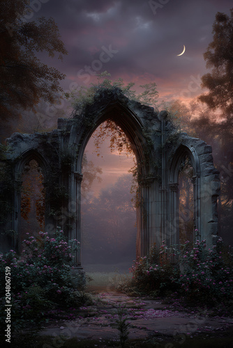 Fantasy wallpaper. Temple. A moody, atmospheric portrayal of an old, weathered stone archway set amidst a dense forest at sunset. The sky is painted in hues of pink, orange, and purple.