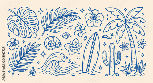 Tropical Beach Hand Drawn Vector Icon Set for Summer Design