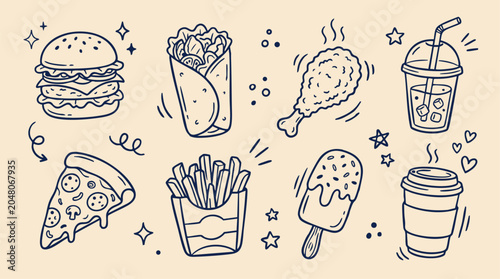 Fast Food Hand Drawn Vector Icon Set for Menu and Restaurant