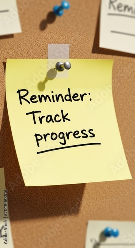 Close-up of a yellow sticky note with a reminder on a corkboard.